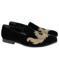 Thumbnail for Alexander McQueen Men's Gold Embroidered Detail Black Velvet Slip On Shoes