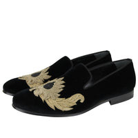 Thumbnail for Alexander McQueen Men's Gold Embroidered Detail Black Velvet Slip On Shoes