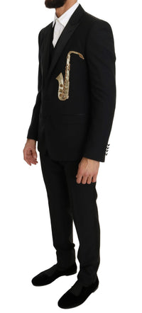 Thumbnail for Elegant Black Three-Piece Suit with Saxophone Embroidery