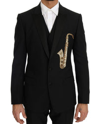 Thumbnail for Elegant Black Three-Piece Suit with Saxophone Embroidery