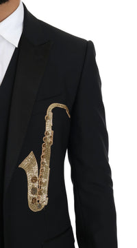 Thumbnail for Elegant Black Three-Piece Suit with Saxophone Embroidery