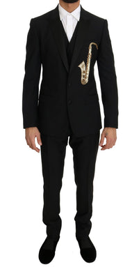 Thumbnail for Elegant Black Three-Piece Suit with Saxophone Embroidery