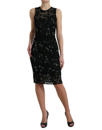 Thumbnail for Black Floral Lace Crystal Sheath Dress
