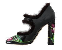 Thumbnail for Black Purple Tulip Print Fur Mary Janes Pumps