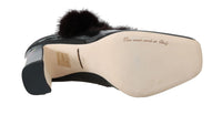 Thumbnail for Black Purple Tulip Print Fur Mary Janes Pumps
