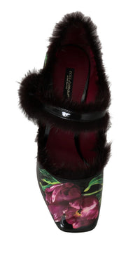 Thumbnail for Black Purple Tulip Print Fur Mary Janes Pumps