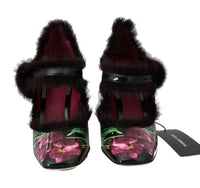 Thumbnail for Black Purple Tulip Print Fur Mary Janes Pumps