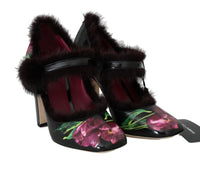 Thumbnail for Black Purple Tulip Print Fur Mary Janes Pumps