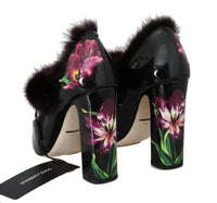 Thumbnail for Black Purple Tulip Print Fur Mary Janes Pumps