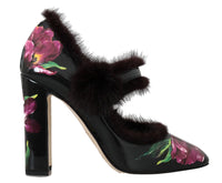 Thumbnail for Black Purple Tulip Print Fur Mary Janes Pumps