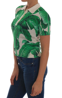 Thumbnail for Elegant Silk Polo Top with Banana Leaf Motif