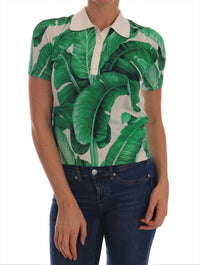 Thumbnail for Elegant Silk Polo Top with Banana Leaf Motif