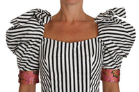 Thumbnail for White Black Striped Cropped Top Puff Sleeve Shirts