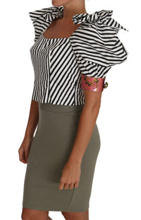 Thumbnail for White Black Striped Cropped Top Puff Sleeve Shirts