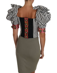 Thumbnail for White Black Striped Cropped Top Puff Sleeve Shirts