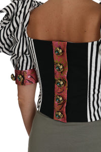 Thumbnail for White Black Striped Cropped Top Puff Sleeve Shirts