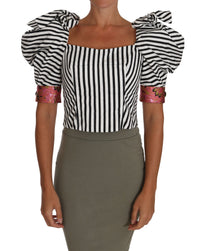 Thumbnail for White Black Striped Cropped Top Puff Sleeve Shirts