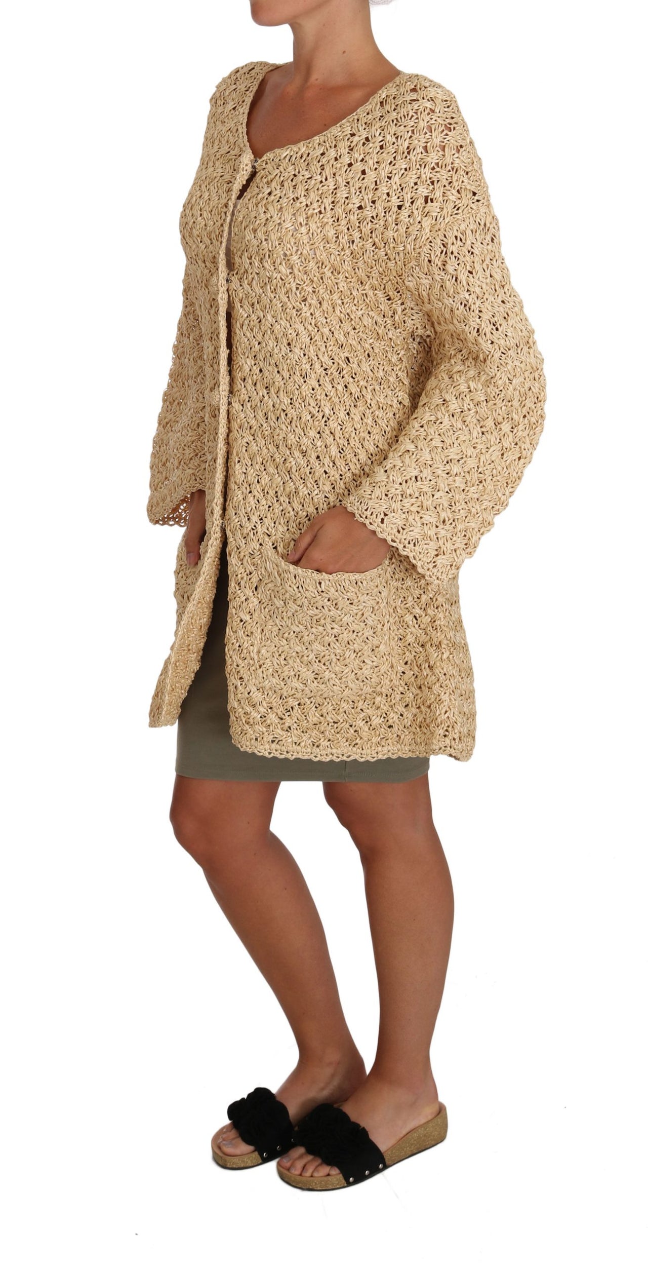 Chic Beige Crochet Knitted Raffia Cardigan