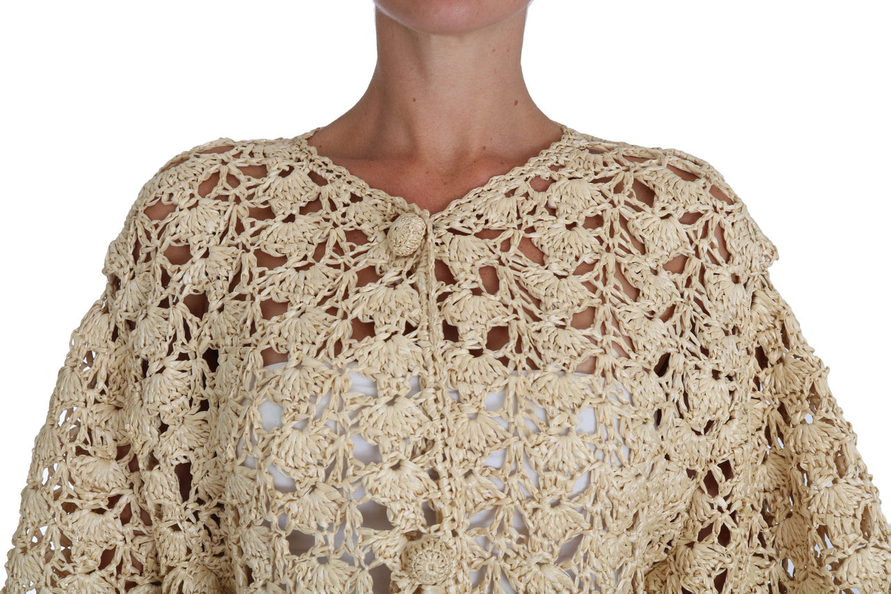 Chic Beige Crochet Raffia Cardigan