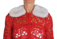 Thumbnail for Elegant Red Crochet Knit Cardigan with Fur Collar