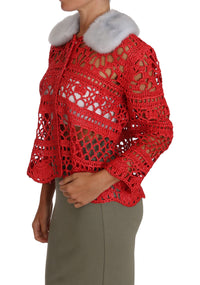 Thumbnail for Elegant Red Crochet Knit Cardigan with Fur Collar