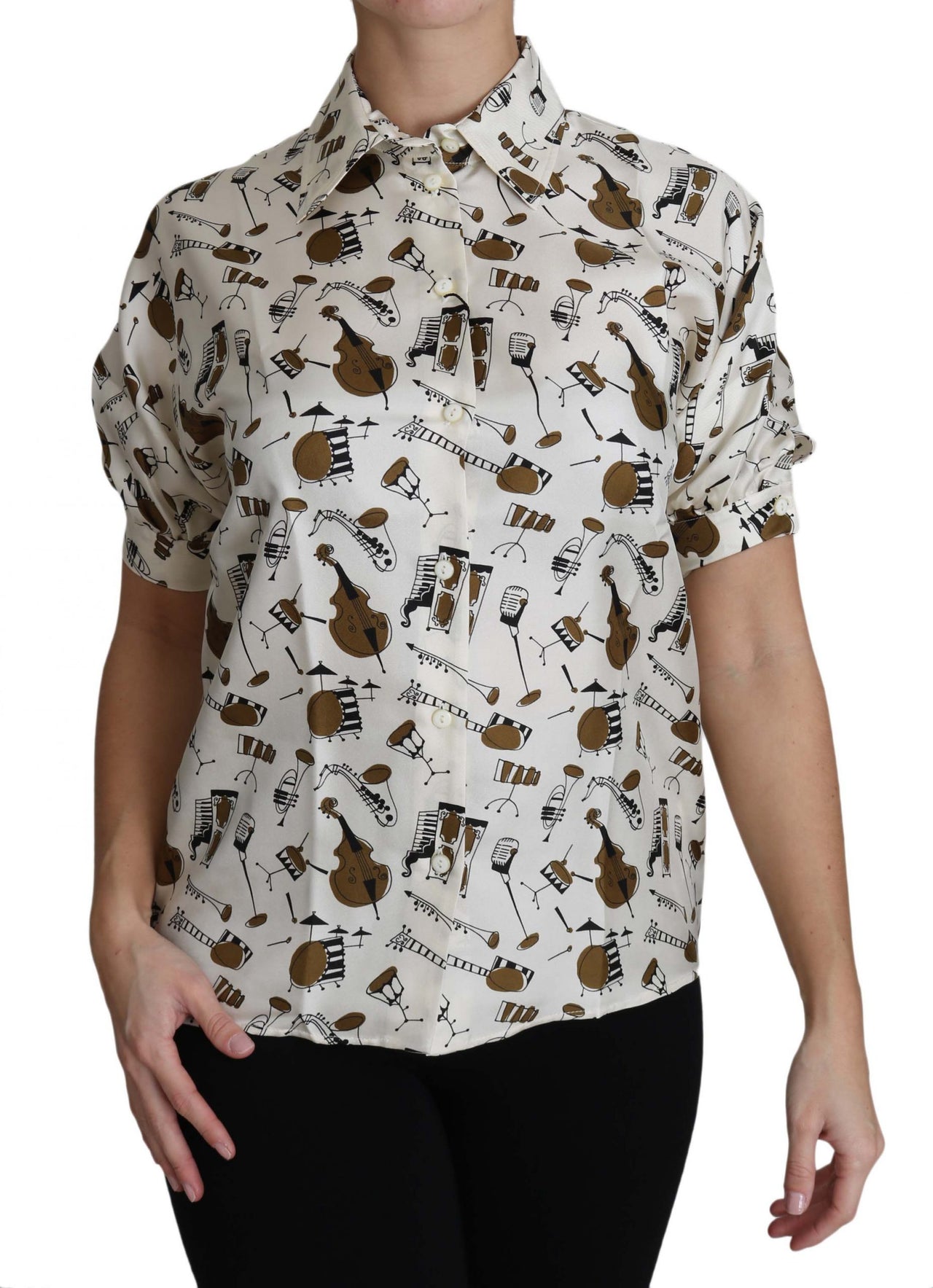 Silk Musical Instrument Print Polo Top