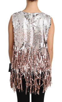 Thumbnail for Golden Pink Sequined Fringe Elegance Top