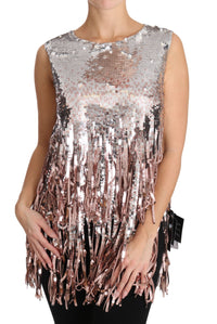 Thumbnail for Golden Pink Sequined Fringe Elegance Top