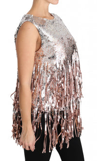 Thumbnail for Golden Pink Sequined Fringe Elegance Top