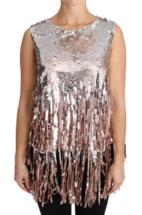Thumbnail for Golden Pink Sequined Fringe Elegance Top