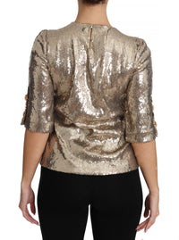Thumbnail for Gold Parrot Motif Crewneck Blouse with Crystals