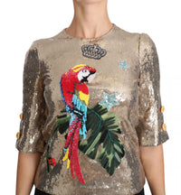 Thumbnail for Gold Parrot Motif Crewneck Blouse with Crystals