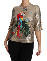 Thumbnail for Gold Parrot Motif Crewneck Blouse with Crystals