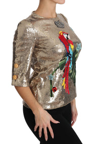 Thumbnail for Gold Parrot Motif Crewneck Blouse with Crystals