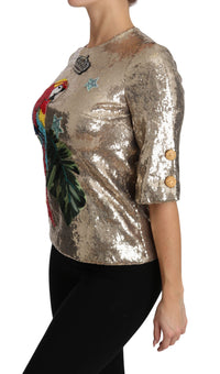 Thumbnail for Gold Parrot Motif Crewneck Blouse with Crystals