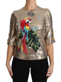 Thumbnail for Gold Parrot Motif Crewneck Blouse with Crystals