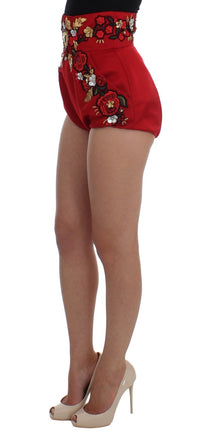 Thumbnail for Red Silk Crystal-Embellished High Waist Shorts