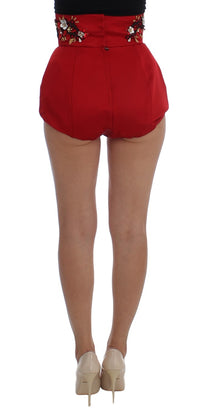 Thumbnail for Red Silk Crystal-Embellished High Waist Shorts