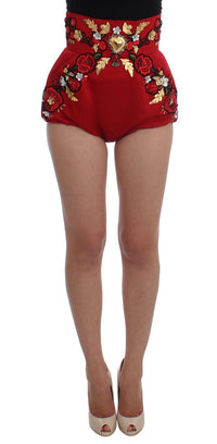 Thumbnail for Red Silk Crystal-Embellished High Waist Shorts