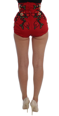 Thumbnail for Glamorous Red Silk Floral Embroidered Shorts