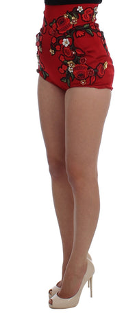 Thumbnail for Glamorous Red Silk Floral Embroidered Shorts