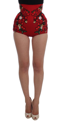 Thumbnail for Glamorous Red Silk Floral Embroidered Shorts