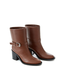 Thumbnail for Chic Brown Leather Ankle Boots with Buckle Detail