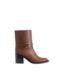 Thumbnail for Chic Brown Leather Ankle Boots with Buckle Detail