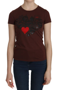 Thumbnail for Chic Brown Heart Print Crew Neck Top