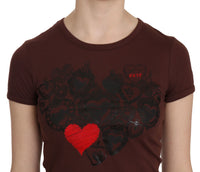 Thumbnail for Chic Brown Heart Print Crew Neck Top