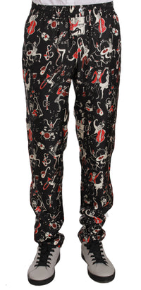 Thumbnail for Elegant Black Silk Lounge Pants with Red Print