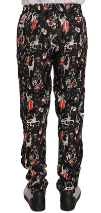 Thumbnail for Elegant Black Silk Lounge Pants with Red Print