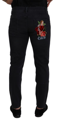 Thumbnail for Black Cotton Patch Embroidery Denim Jeans