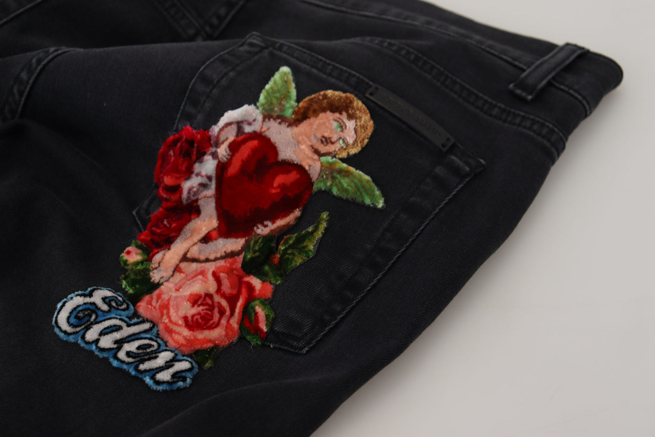 Black Cotton Patch Embroidery Denim Jeans